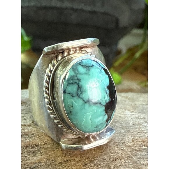 Sterling Silver & Turquoise Ring Size 9 Chunky Thick Design - Picture 3 of 8